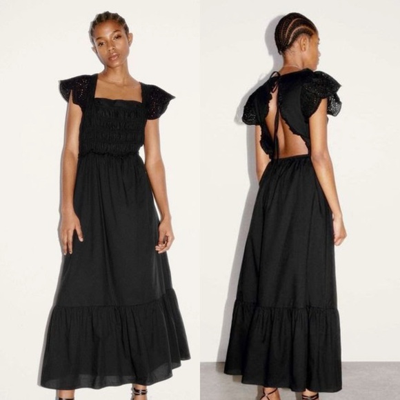 Zara Dresses & Skirts - Zara Black Eyelet Cutout Midi Dress Size Small